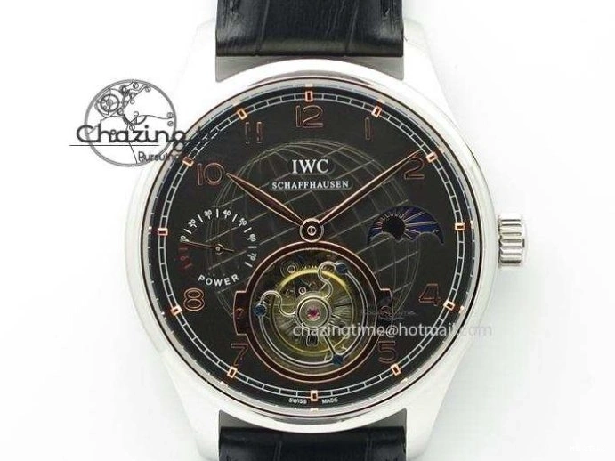 MIROTIME 0428 Portuguese Tourbillon Power Reserve Moonphase SS Black Dial Gold Numbers On Black Leather Strap RelaxedFit 7320